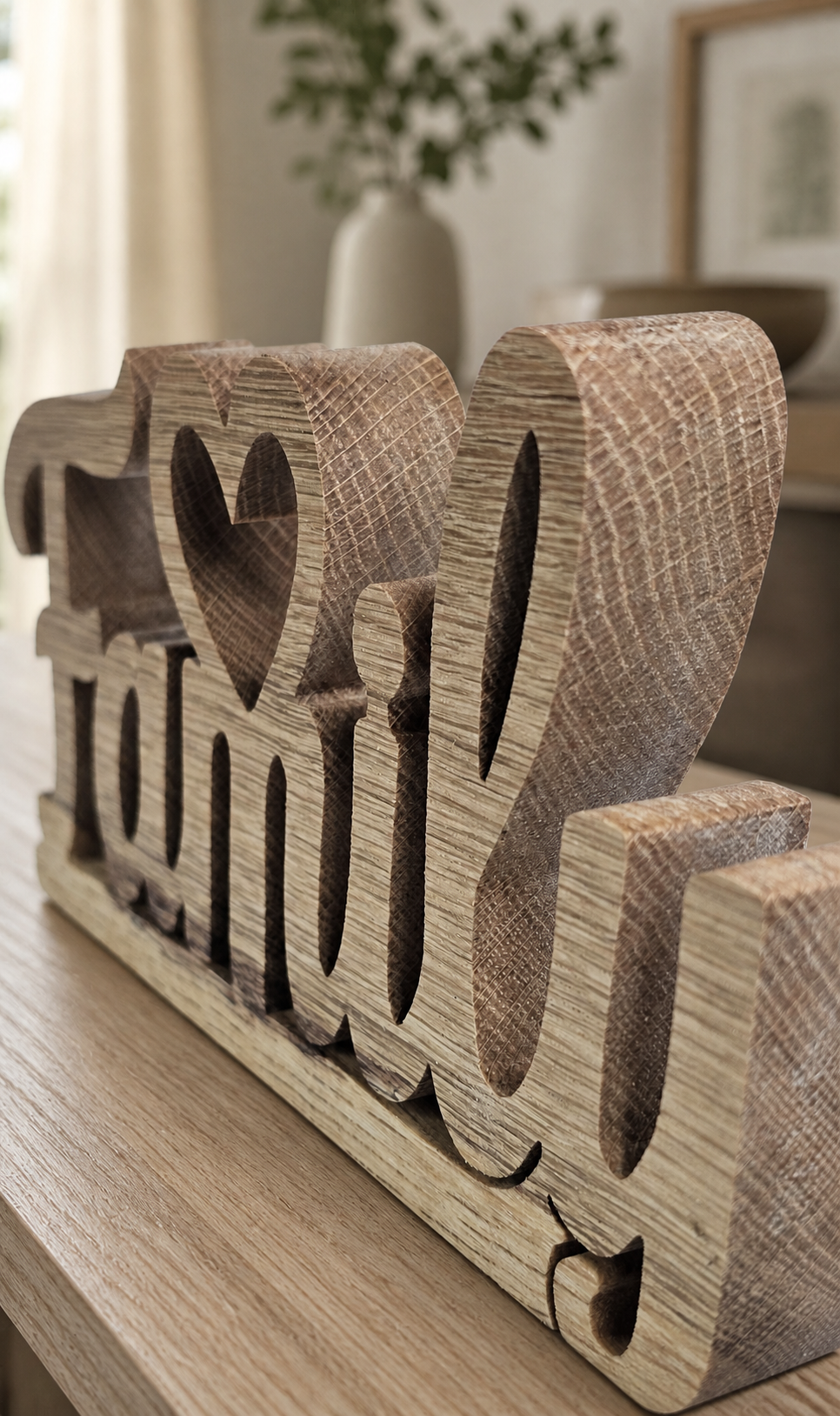 A rustic wooden handmade decorative sign spelling 'family' with a heart cutout, displayed on a wooden table in a softly blurred indoor setting.