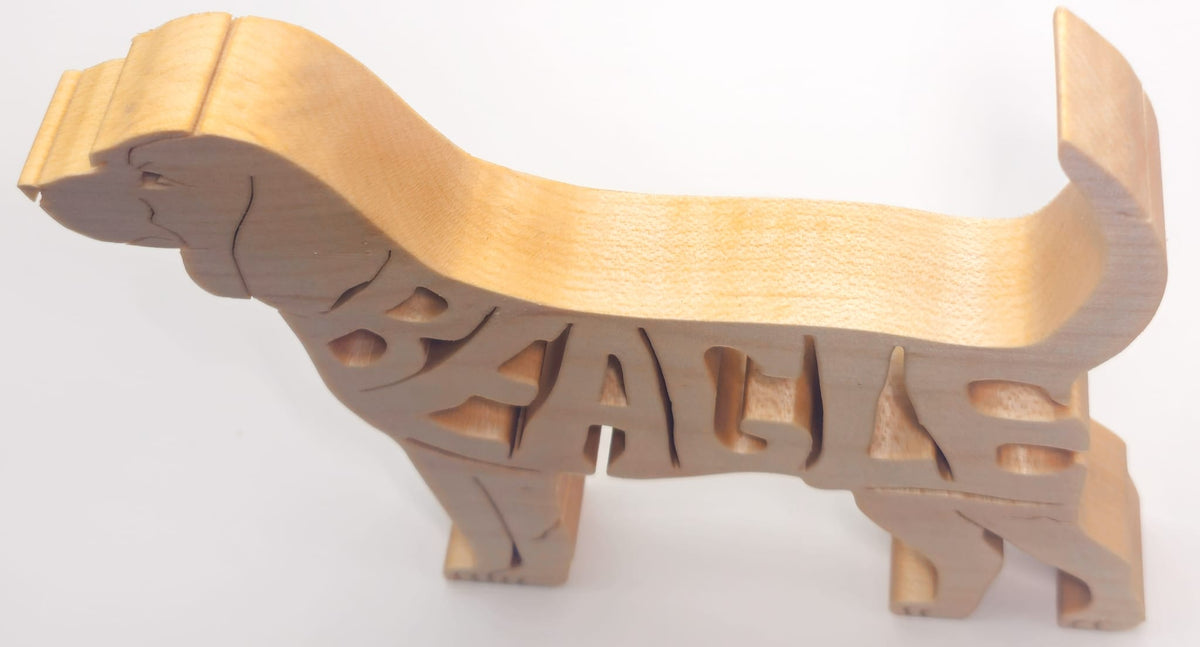 Handcrafted wooden Beagle ornament with breed name, side view