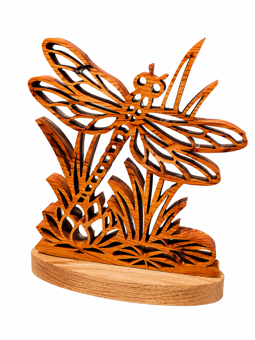 A decorative Handcrafted wooden dragonfly sculpture with a natural wood grain finish, mounted on a small oval wooden base against a plain white background.
