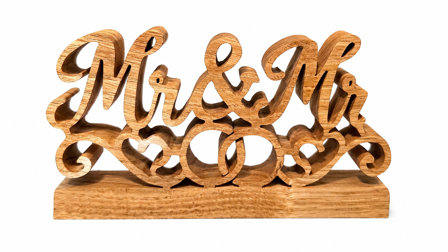Handcrafted wooden Mr & Mr wedding ornament with rings, hearts and optional personalised base engraving