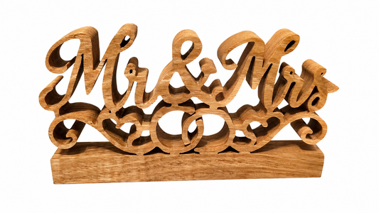 Handcrafted wooden Mr & Mrs wedding ornament with rings, hearts and optional personalised base engraving