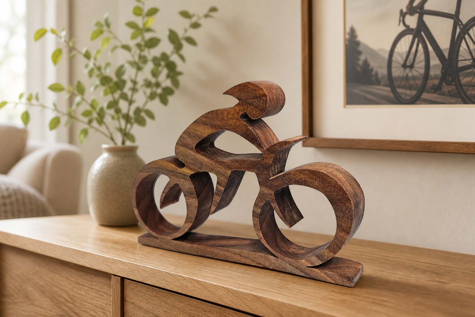 A dark brown wooden sculpture of a cyclist in motion, displayed on a light wood console table in a cozy living room setting next to a potted plant and framed wall art.