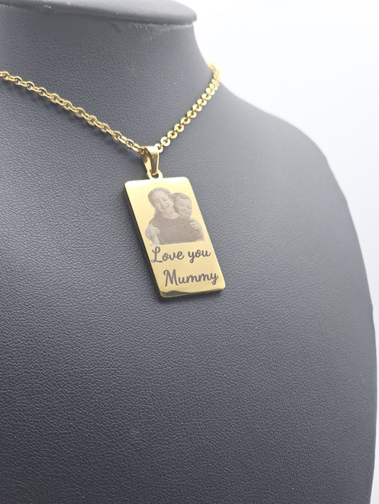 Gold personalised photo pendant engraved with 'Love you Mummy'