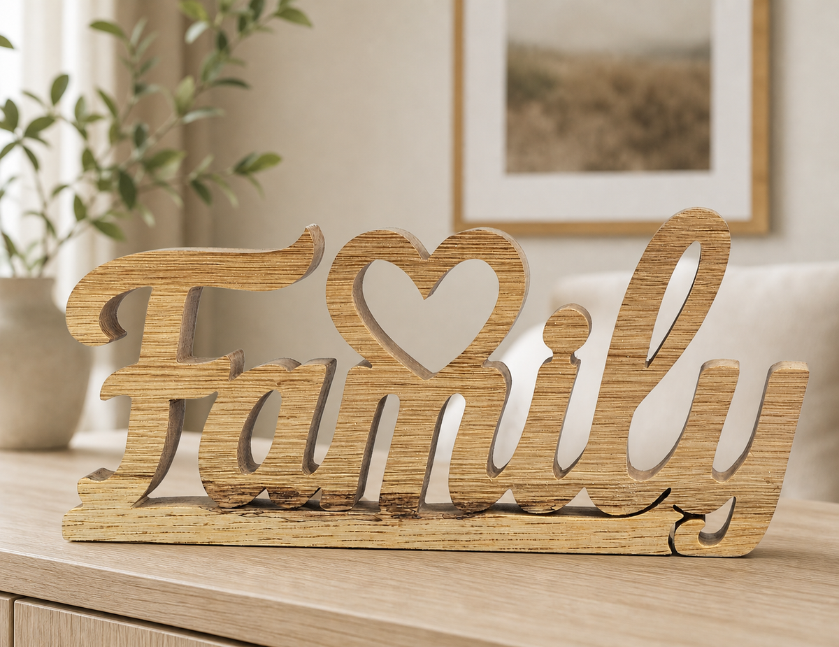 Wooden decorative sign spelling 'Family' with a heart cutout, displayed on a light wood table in a softly lit home interior.