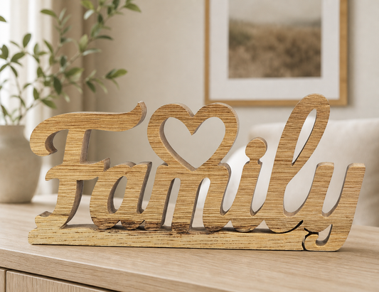 Wooden decorative sign spelling 'Family' with a heart cutout, displayed on a light wood table in a softly lit home interior.