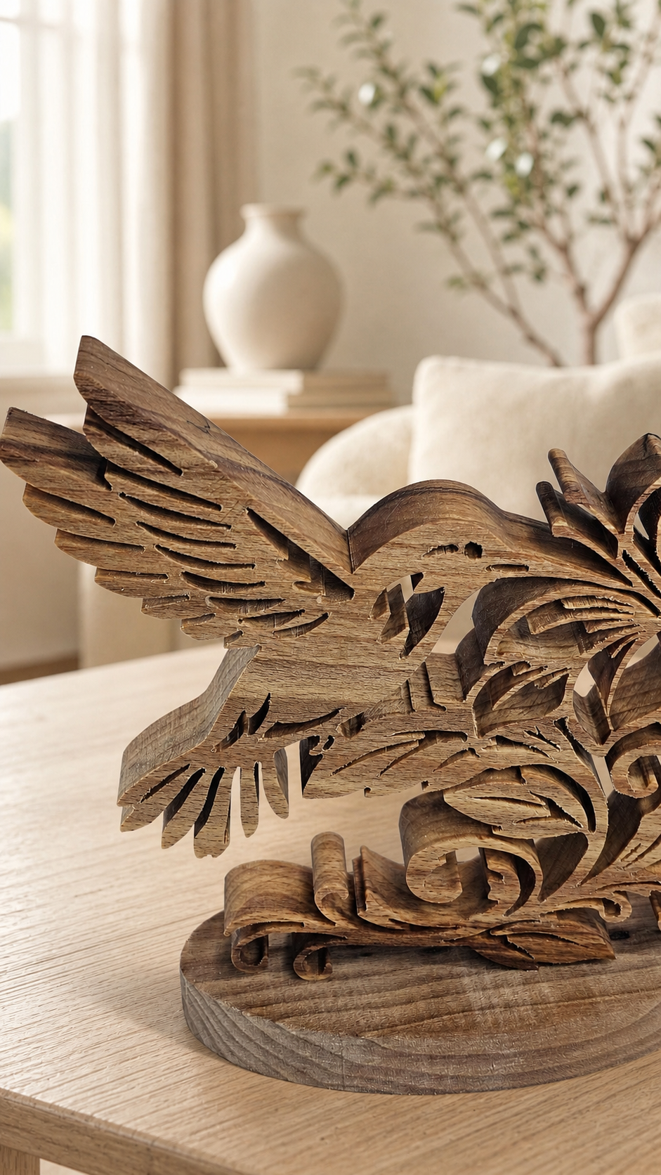 Handcrafted Wooden Hummingbird & Flower Ornament