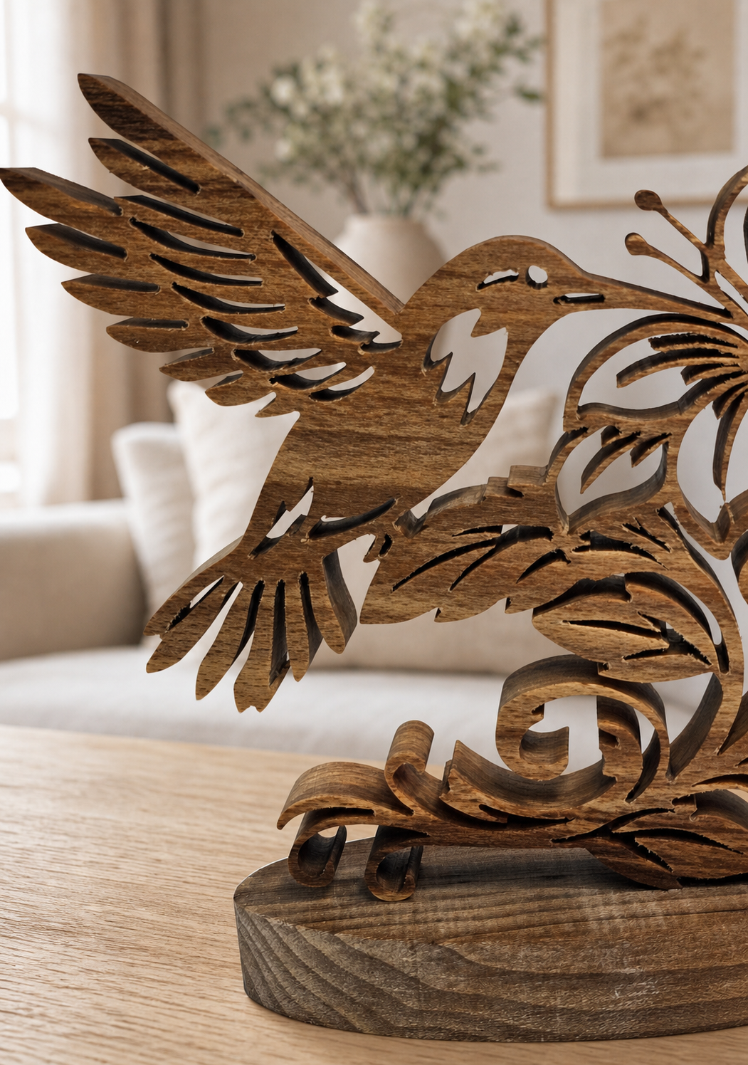A carved wooden decorative sculpture of a flying bird with leafy branches, displayed on a wooden table in a softly blurred living room setting.