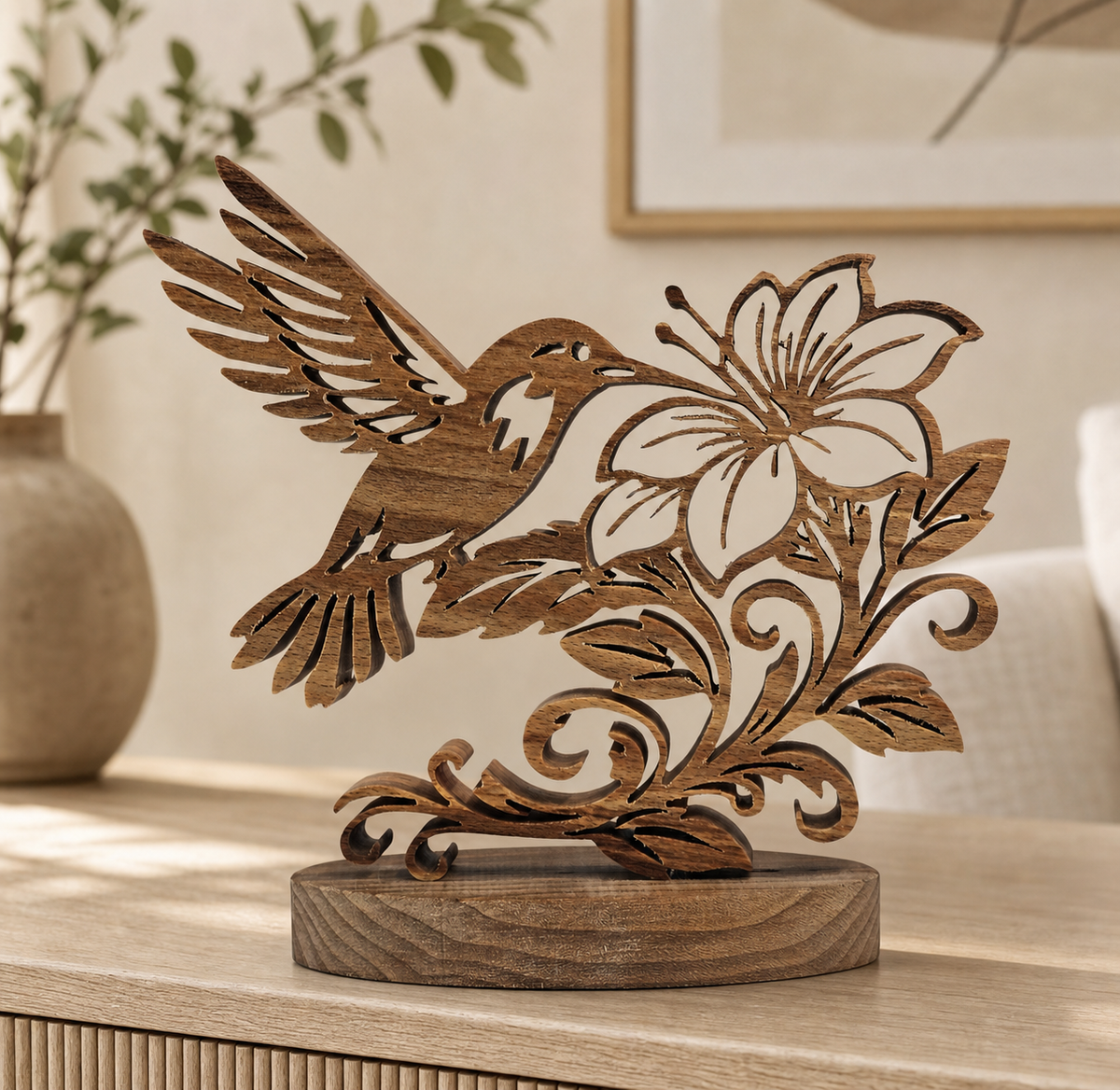 A wooden decorative sculpture of a hummingbird perched on a flower branch with a round base, displayed on a light wood table in a softly lit interior setting.