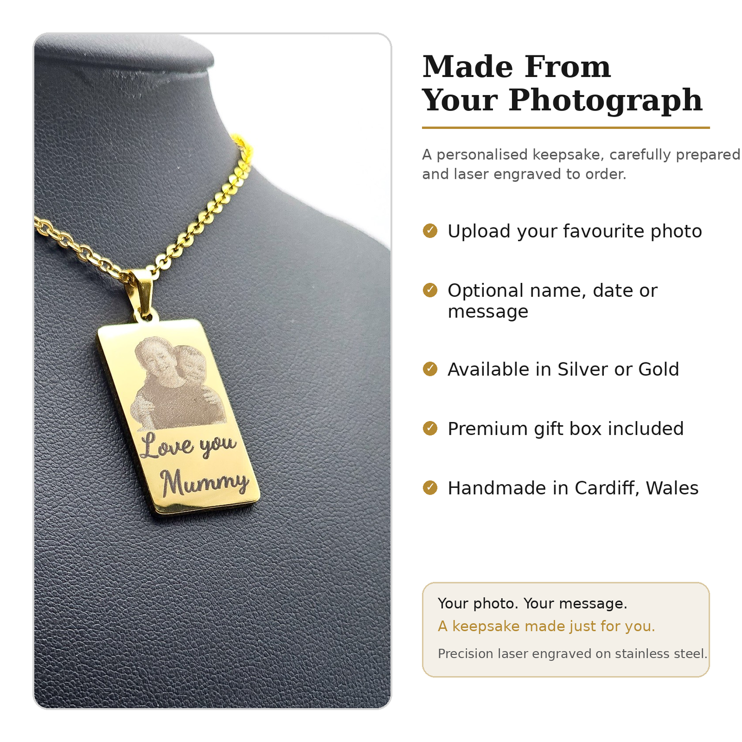 A gold rectangular pendant necklace displayed on a black mannequin bust, with engraved text reading 'Love you Mummy' and a photo of a woman and child. The right side contains marketing text about personalization options, silver or gold availability, gift box, and Cardiff, Wales craftsmanship.