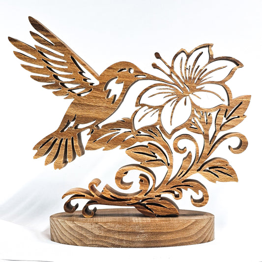 Handcrafted Wooden Hummingbird & Flower Ornament