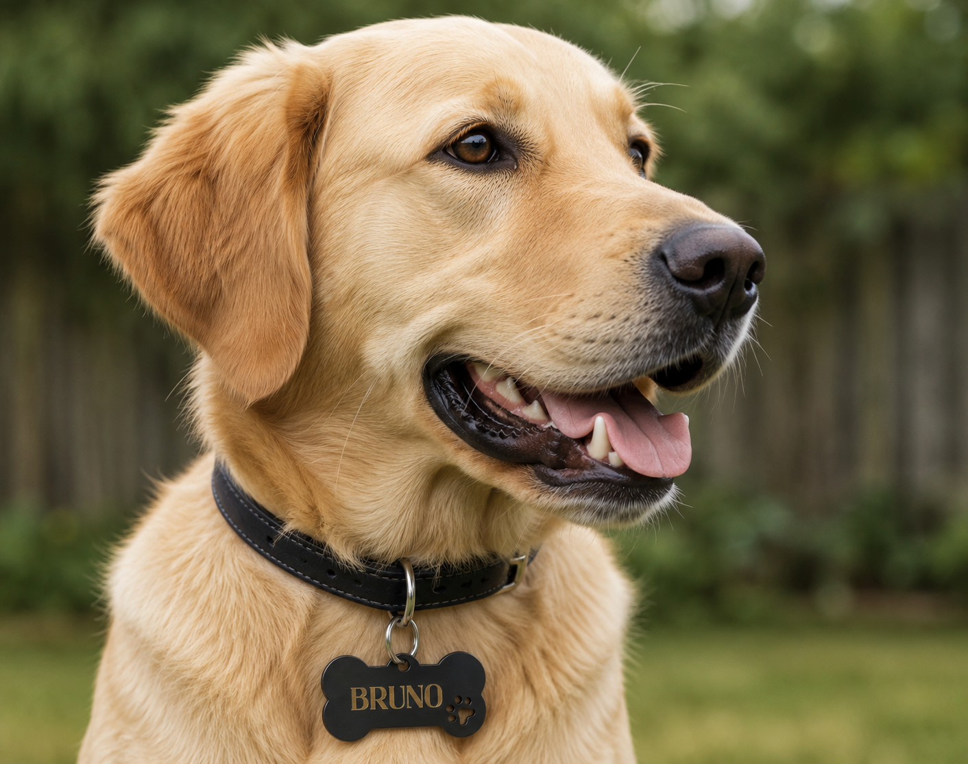A golden retriever dog wearing a black collar with a bone-shaped tag engraved with the name BRUNO, photographed outdoors against a blurred green background.