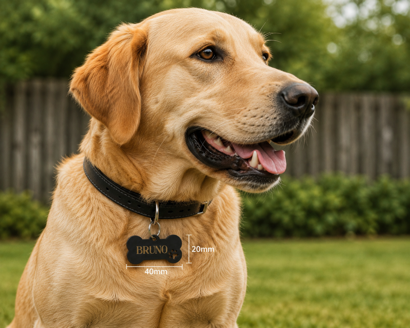 A golden retriever outdoors wearing a black collar with a custom bone-shaped metal ID tag labeled 'BRUNO'. The image includes dimension overlays indicating the tag is 40mm by 20mm.