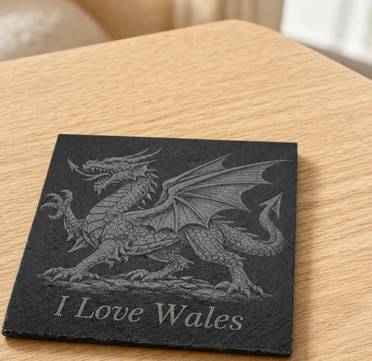 I Love Wales dragon laser engraved slate coaster