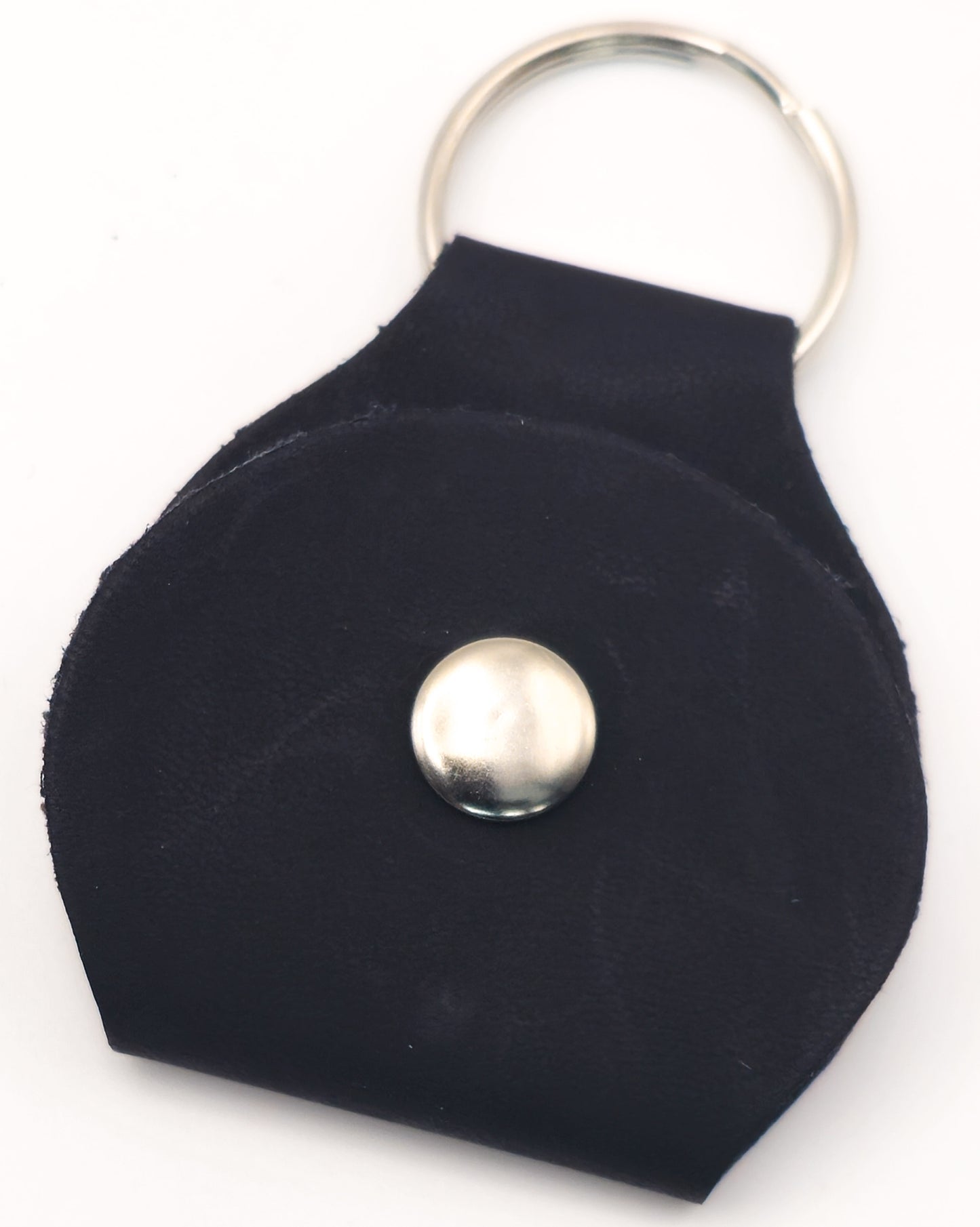 A black fabric keychain pouch with a silver metal snap button and a silver split key ring, shown on a plain white background.
