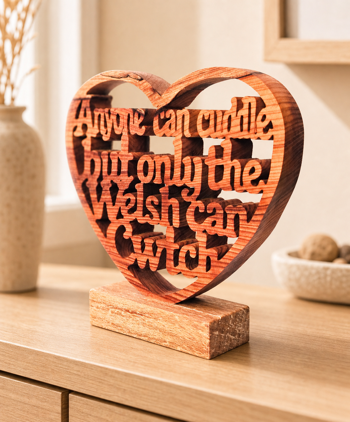 Angled view of handcrafted wooden Cwtch heart ornament on a freestanding base