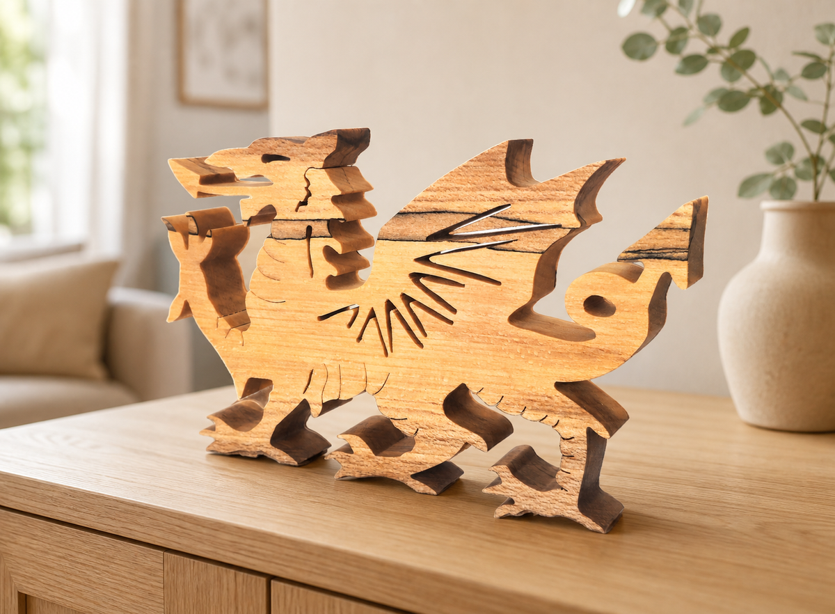A wooden Welsh dragon figurine displayed on a light wood table in a softly lit room, with a blurred vase and sofa in the background.