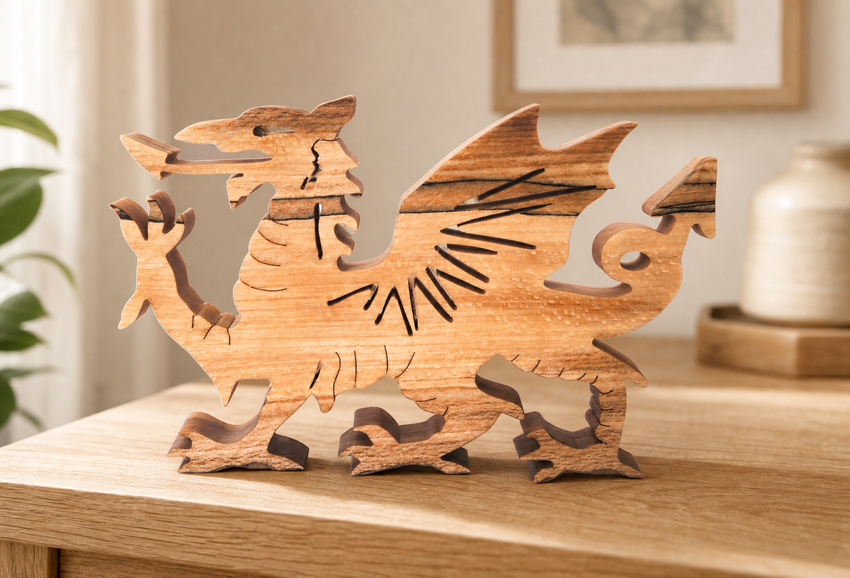 Freestanding wooden Welsh Dragon ornament showing detailed scroll saw cutting